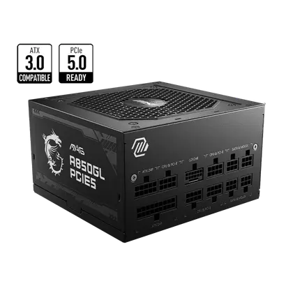 Блок питания MSI MAG A850GL PCIE5 [850 Вт, 80 PLUS Gold, 8x SATA, 1 x 16 pin (12VHPWR), 4 x 6+2 pin PCIe, 2x 4+4 pin CPU, ATX]