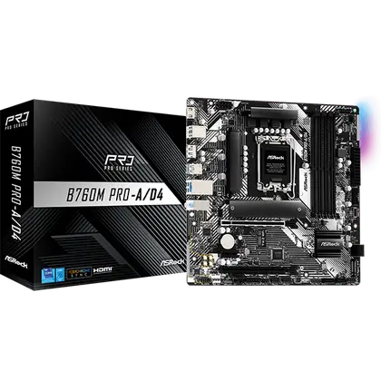 Материнская плата ASRock B760M PRO-A/D4 [LGA 1700, Intel B760, 4xDDR 4, 2xM.2, 2xPCI-E x16, Micro-ATX]