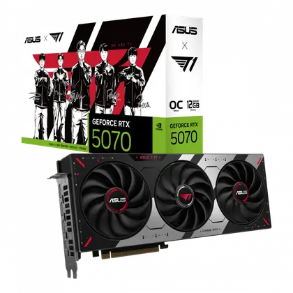 Видеокарта Asus T1 GEFORCE RTX 5070 (T1-RTX5070-O12G-GAMING) [12 ГБ, GDDR7, 192 бит, HDMI (2 шт), DisplayPort (3 шт)]