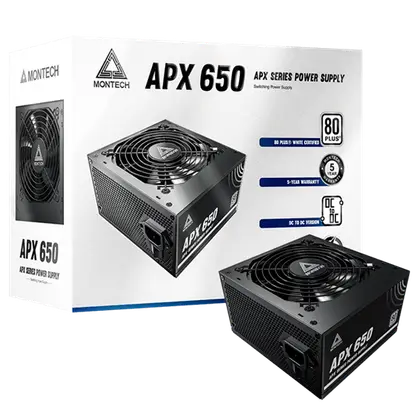 Блок питания Montech 650W, APX 650W, Non Modular, ATX, 80+ WHITE, КПД 90%, Fan 120mm, Черный